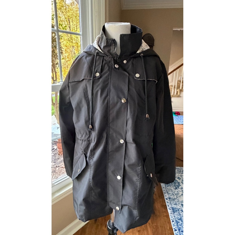LOMON Black Hooded Jacket/Raincoat Plaid Lined Snap Button Drawstring Womens M